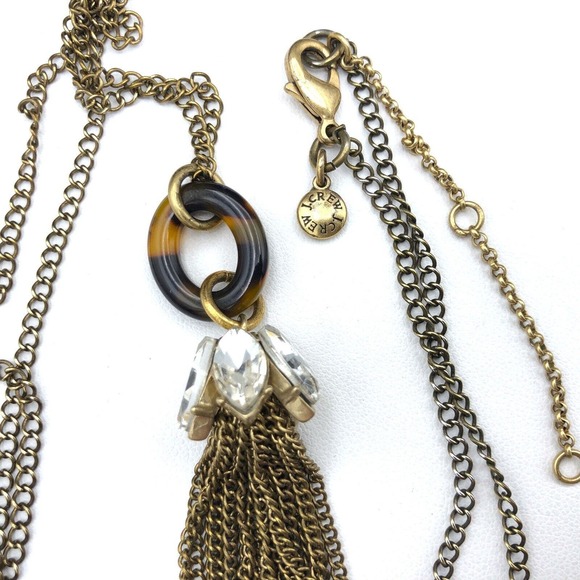 J.Crew Necklace 34" Faux Tortoise Shell Rhinestone Capped Tassel Chain Pendant - Picture 2 of 6